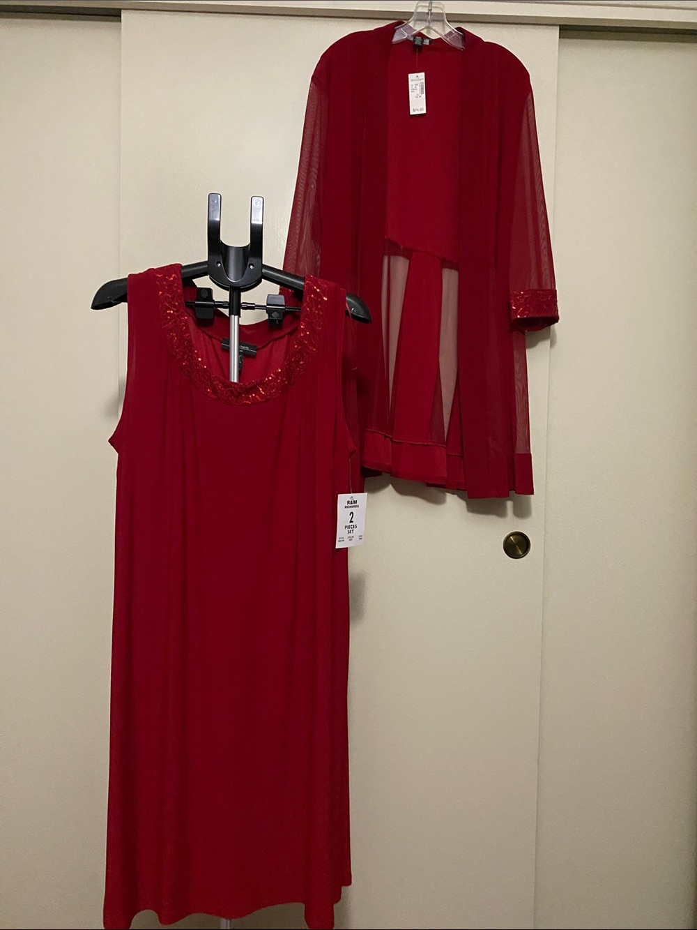 R&M Richards Red Sleeveless Midi Dress with Sheer Jacket